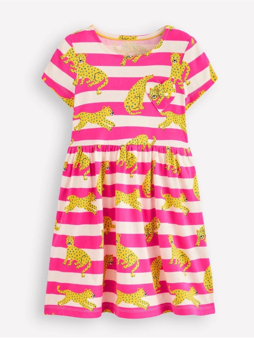 Mini Boden Pink & White Striped Dress with Yellow Leopard Print